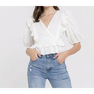 English Factory White Ruffled Gauze Top Mock Wrap